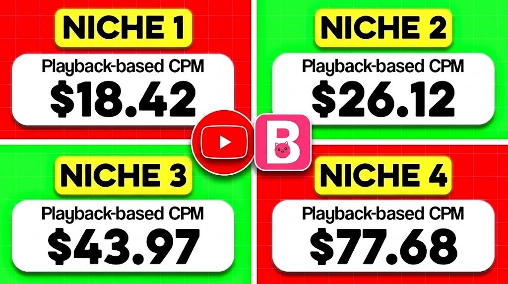 YouTube CPM calculator by niche showing estimated earnings per 1,000 views for finance, tech, gaming and education channels